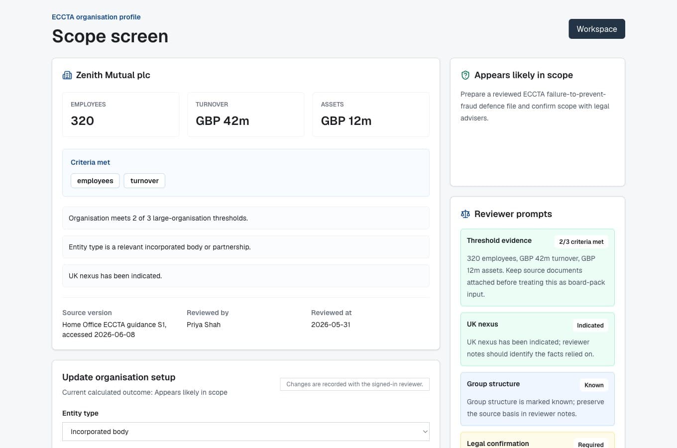 Demo tenant screenshot of the Zenith Mutual scope screen with reviewer prompts and source dates.